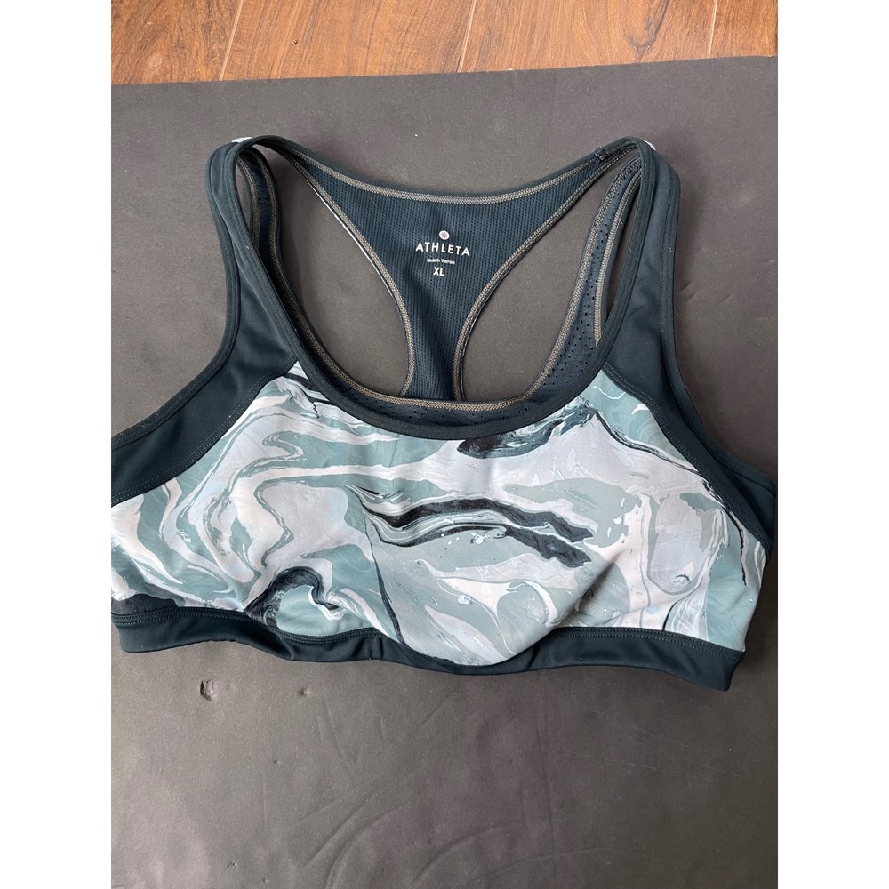 Athleta Womens XL Marble Swirl Print Racerback Sports Bra Teal Gray Athletic Top